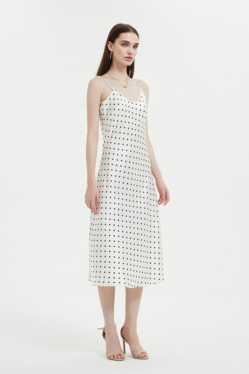Polka-Dot V-Neck Midi Slip Dress in Triacetate-Blend