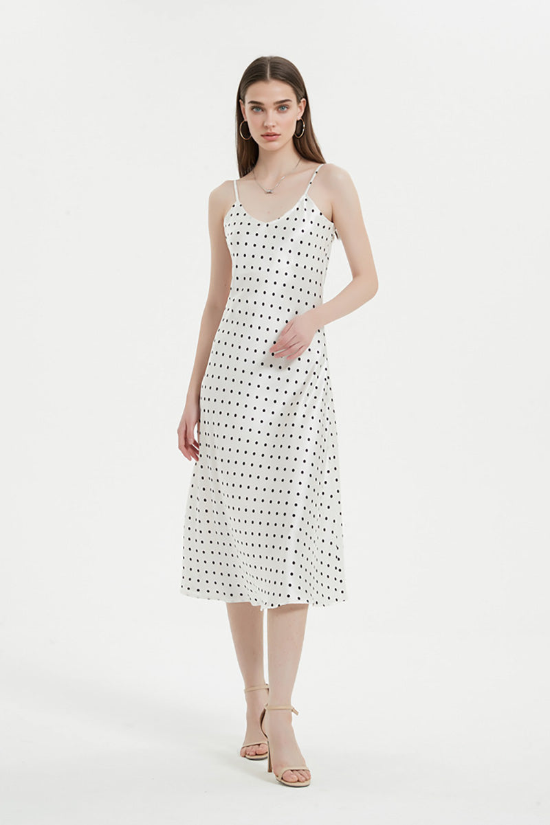 Polka-Dot V-Neck Midi Slip Dress in Triacetate-Blend