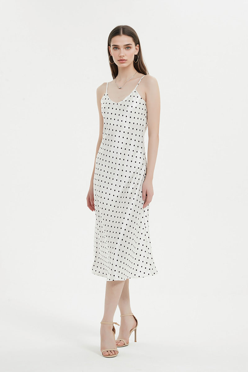 Polka-Dot V-Neck Midi Slip Dress in Triacetate-Blend