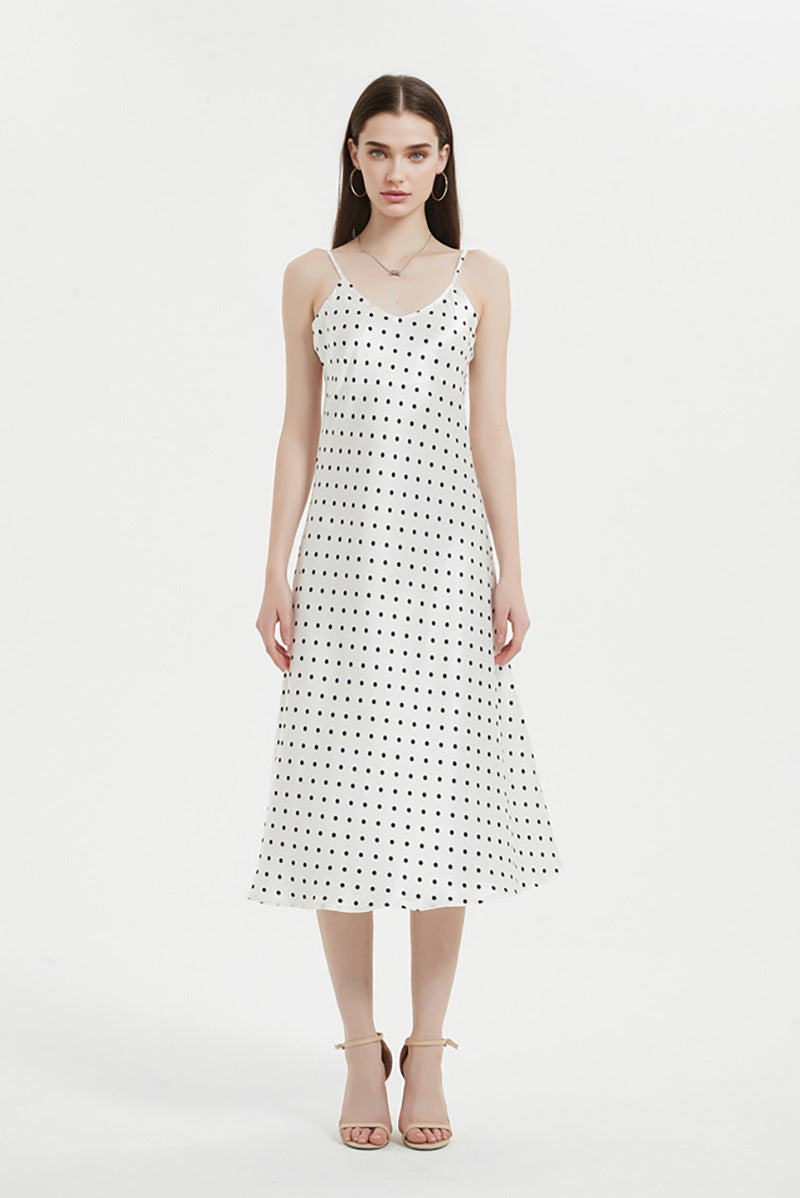 Polka-Dot V-Neck Midi Slip Dress in Triacetate-Blend