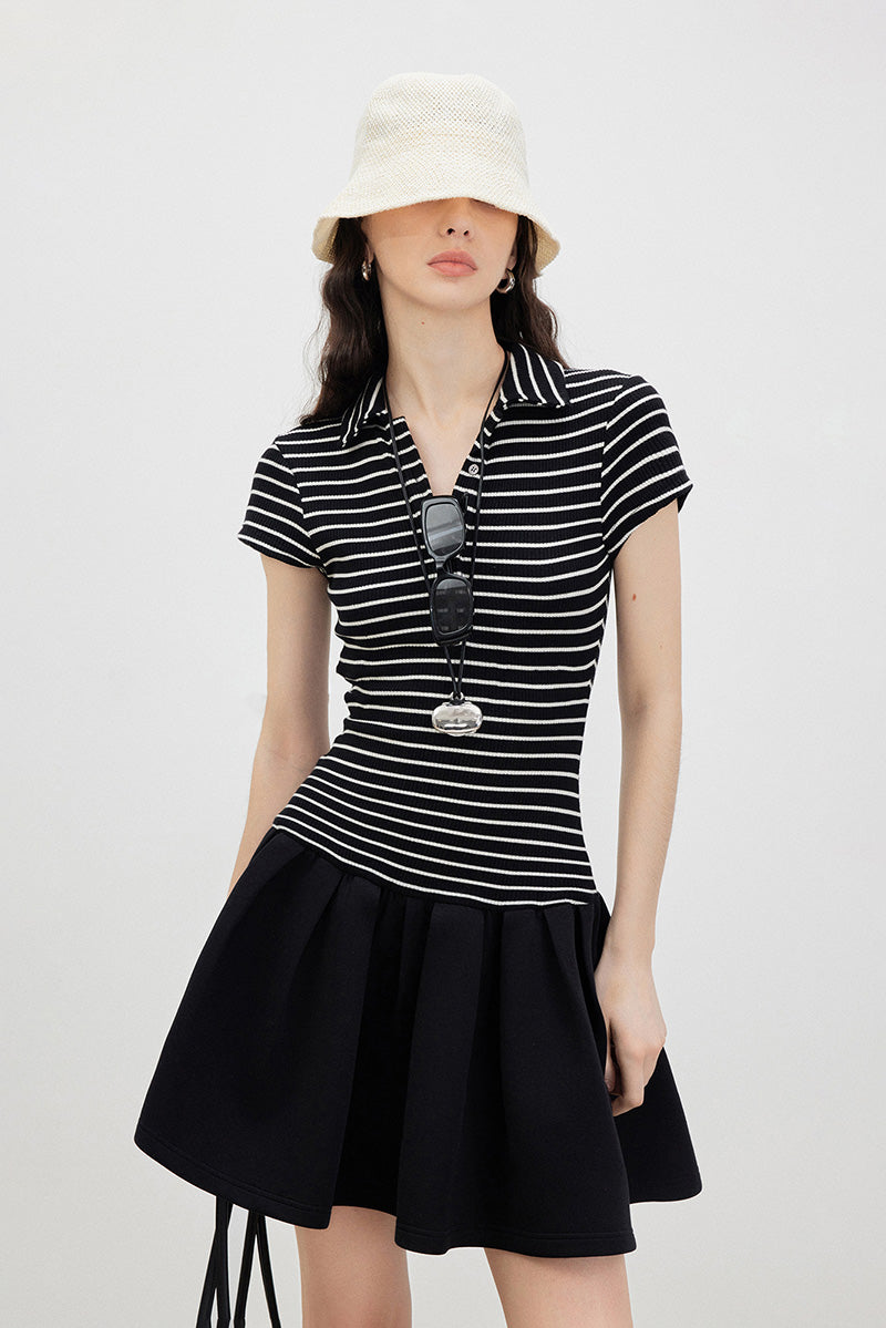 Black Polo-Neck Short-Sleeve Mini Dress in Stripe