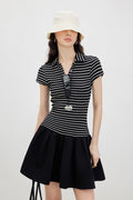 Black Polo-Neck Short-Sleeve Mini Dress in Stripe