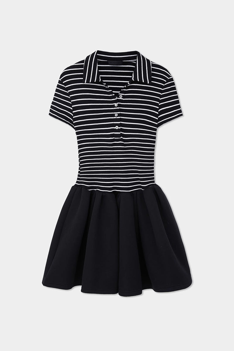 Black Polo-Neck Short-Sleeve Mini Dress in Stripe