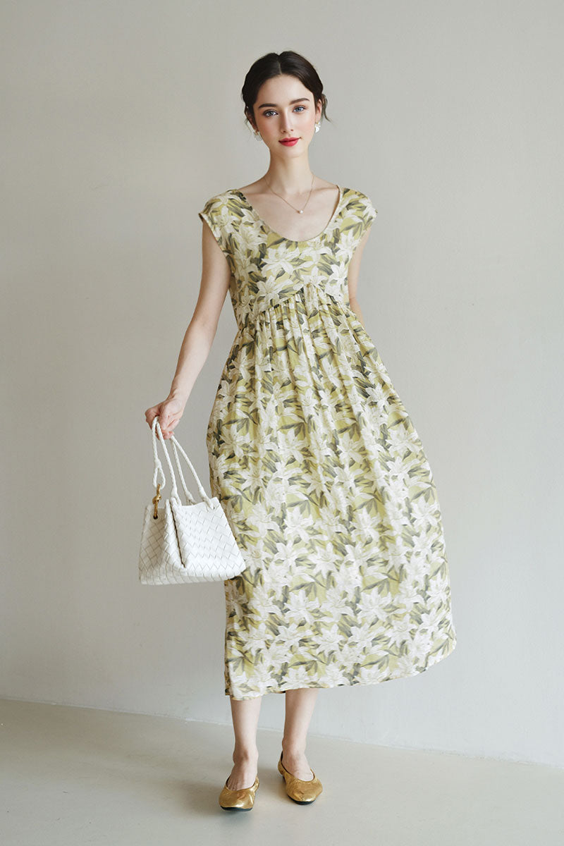 Pure Ramie Floral Sleeveless Scoop-Neck Midi Dress