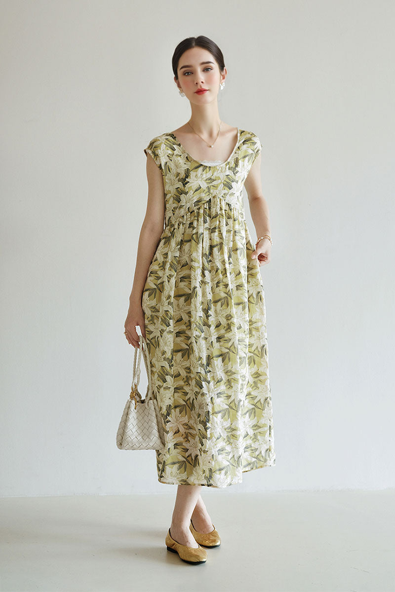 Pure Ramie Floral Sleeveless Scoop-Neck Midi Dress