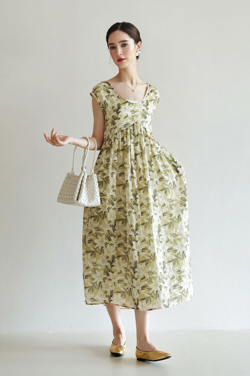 Pure Ramie Floral Sleeveless Scoop-Neck Midi Dress