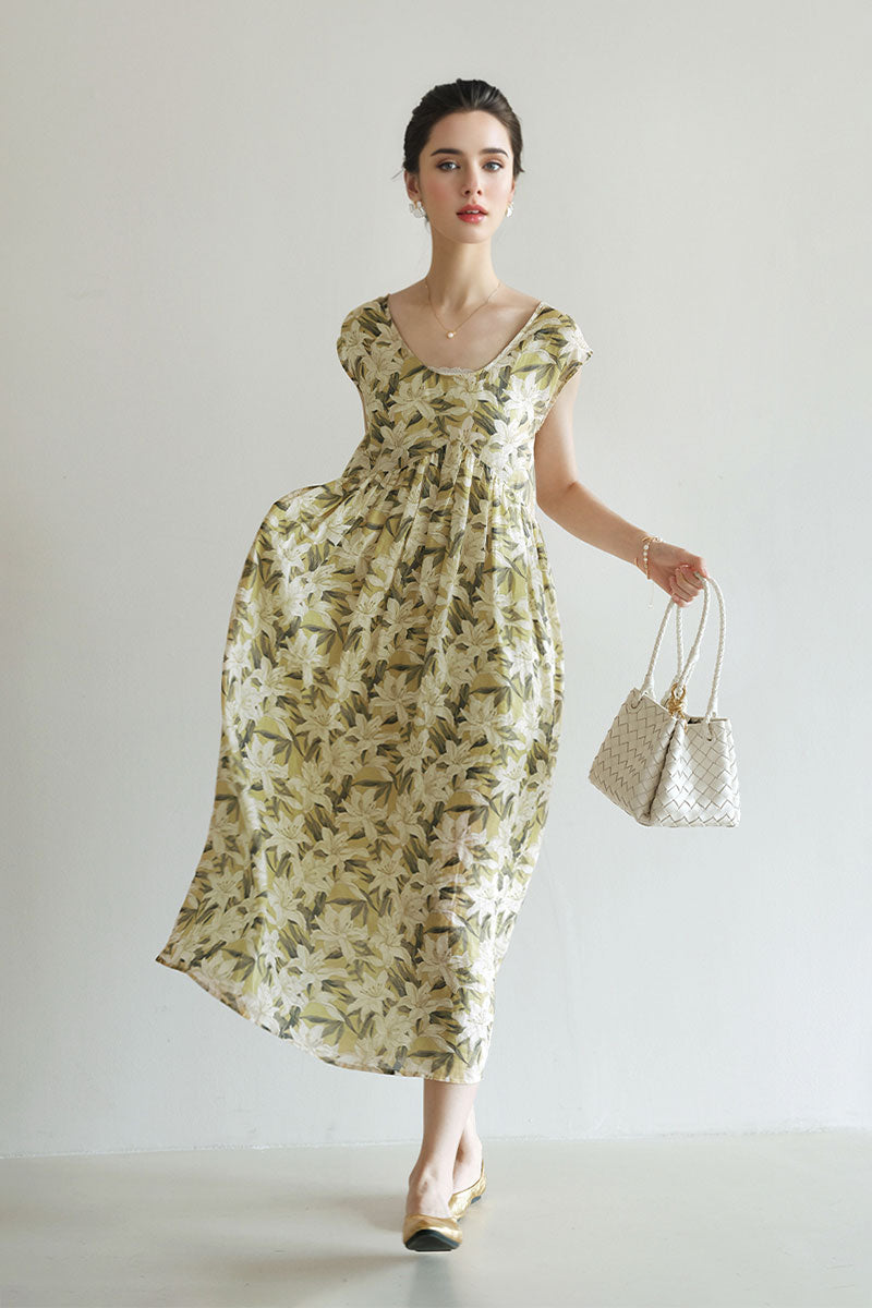 Pure Ramie Floral Sleeveless Scoop-Neck Midi Dress