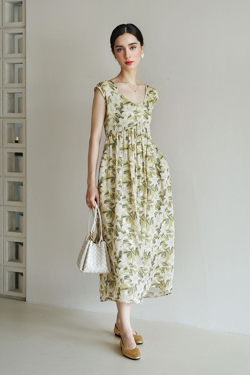 Pure Ramie Floral Sleeveless Scoop-Neck Midi Dress