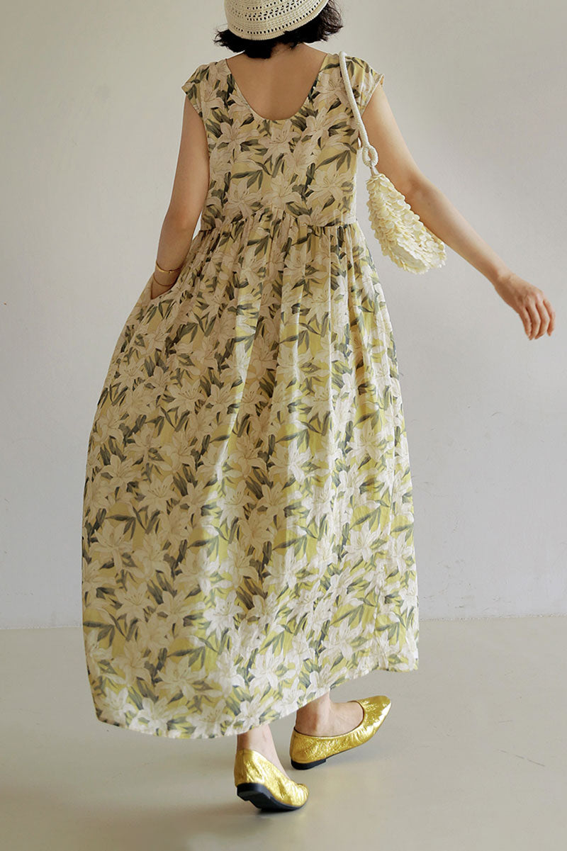Pure Ramie Floral Sleeveless Scoop-Neck Midi Dress