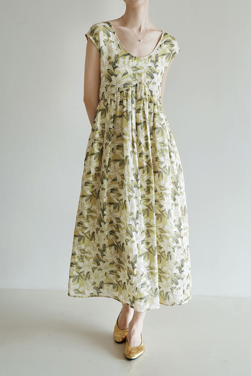 Pure Ramie Floral Sleeveless Scoop-Neck Midi Dress