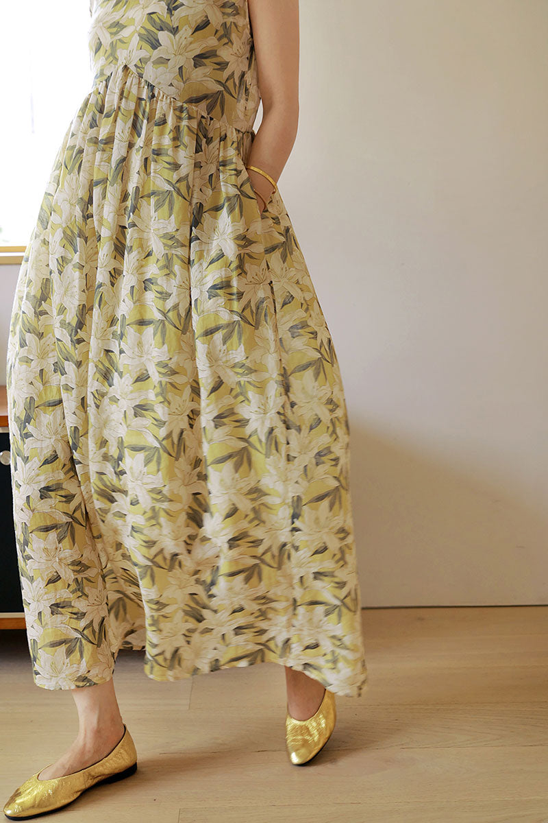 Pure Ramie Floral Sleeveless Scoop-Neck Midi Dress