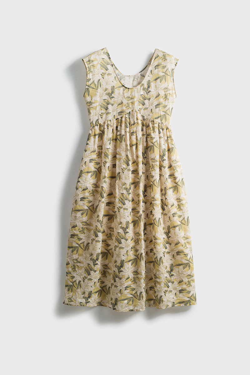 Pure Ramie Floral Sleeveless Scoop-Neck Midi Dress
