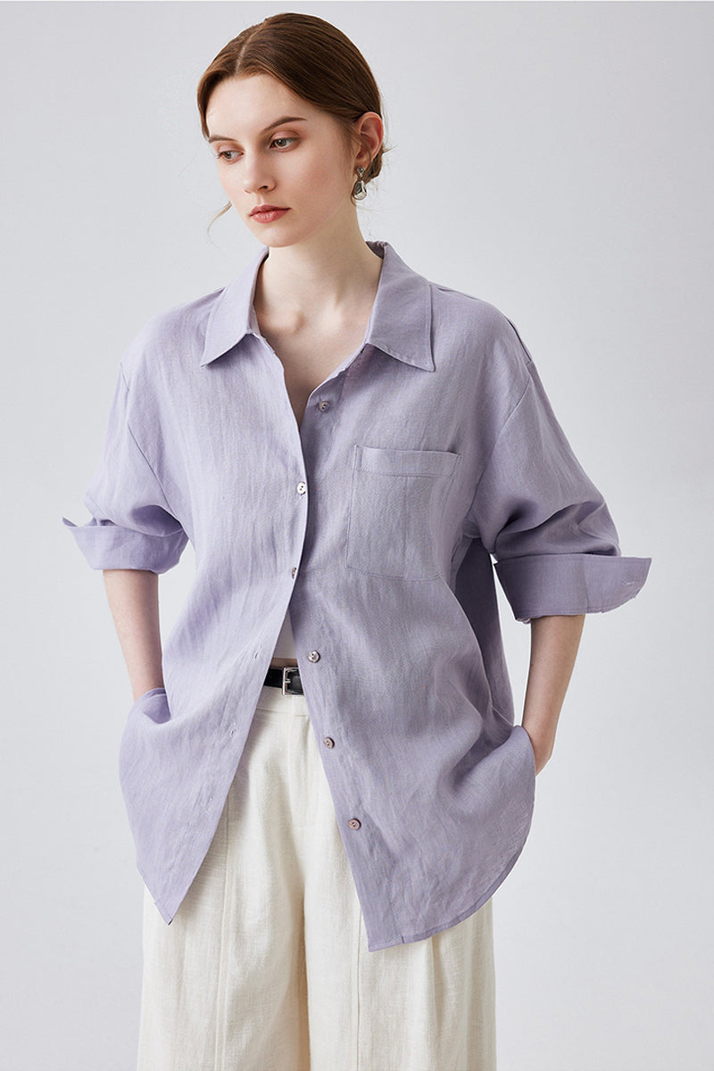 Purple Linen Long Sleeve Button-Down Shirt