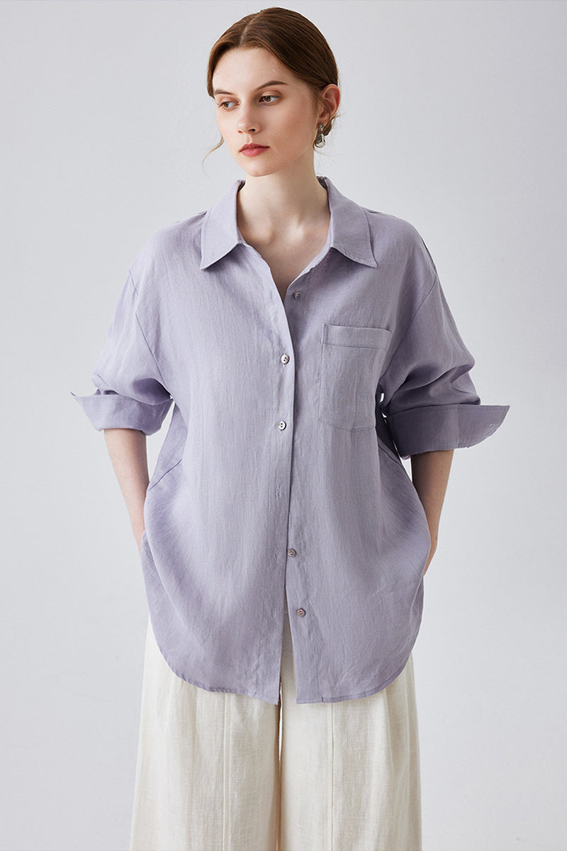 Purple Linen Long Sleeve Button-Down Shirt
