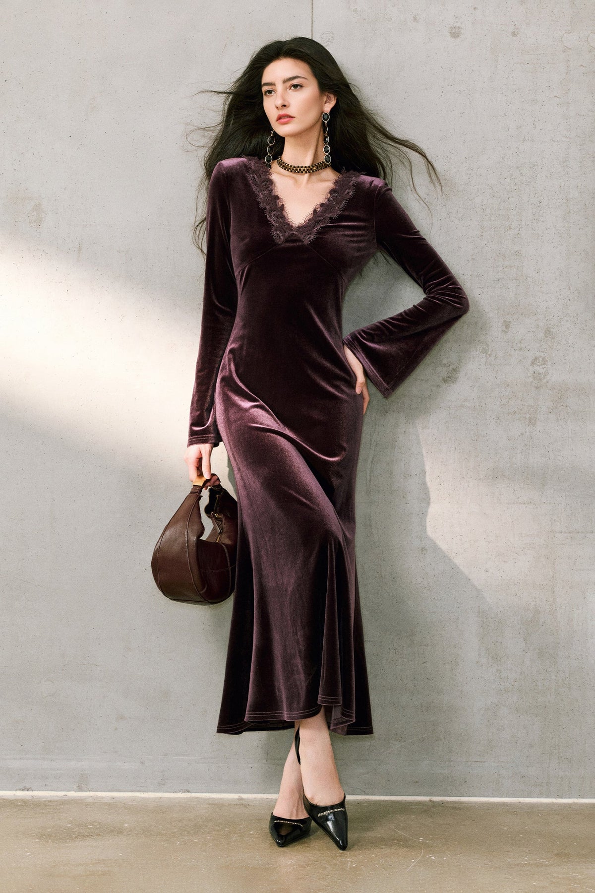 Purple Velvet Long Sleeve Lace V-Neck Maxi Dress