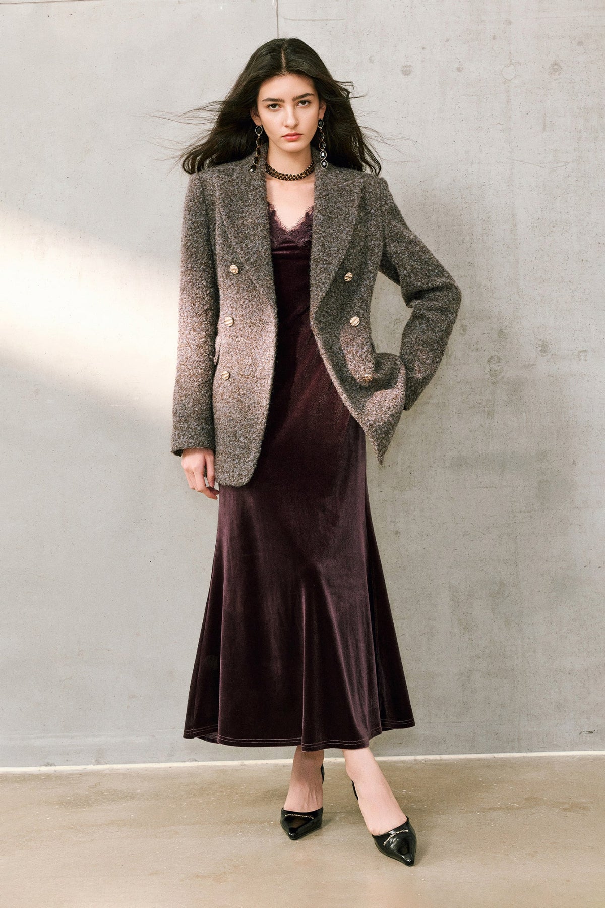 Purple Velvet Long Sleeve Lace V-Neck Maxi Dress