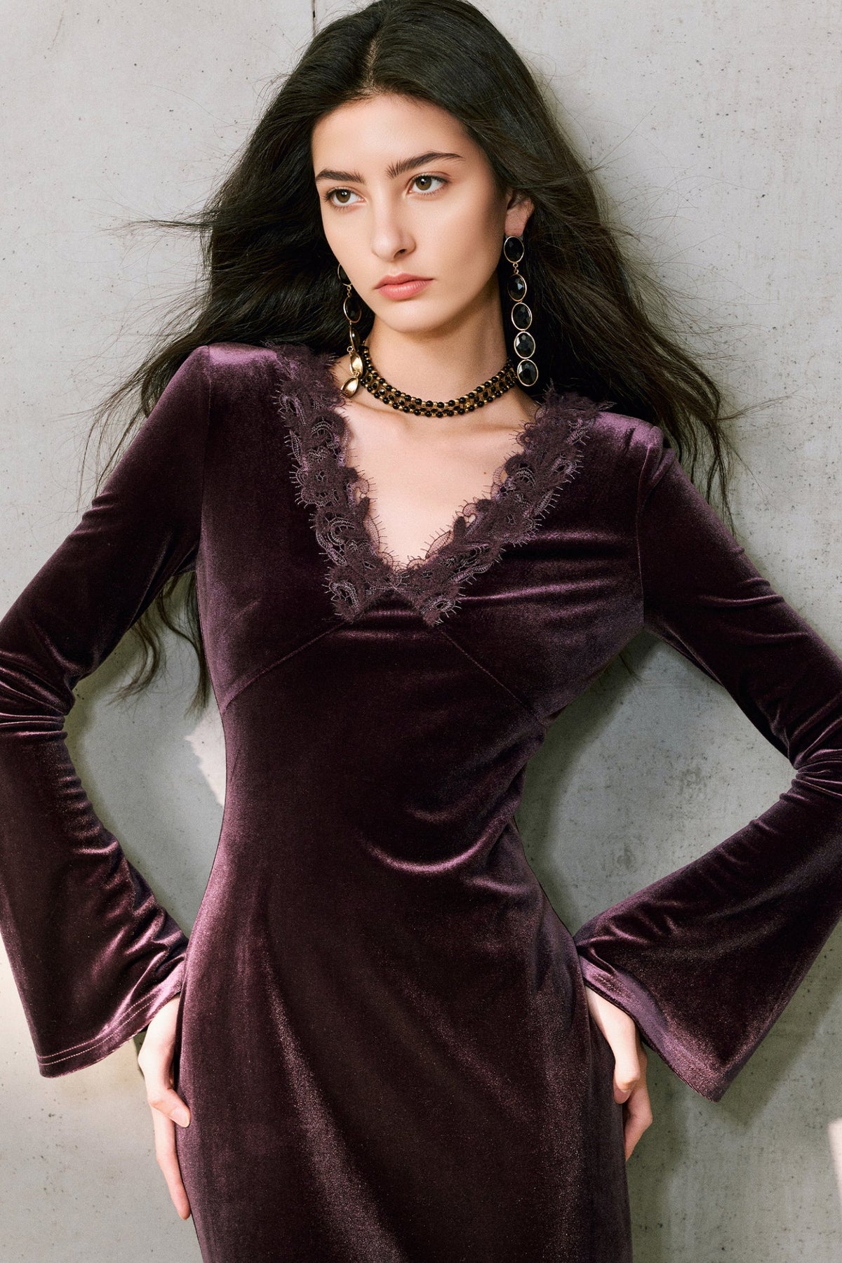 Purple Velvet Long Sleeve Lace V-Neck Maxi Dress