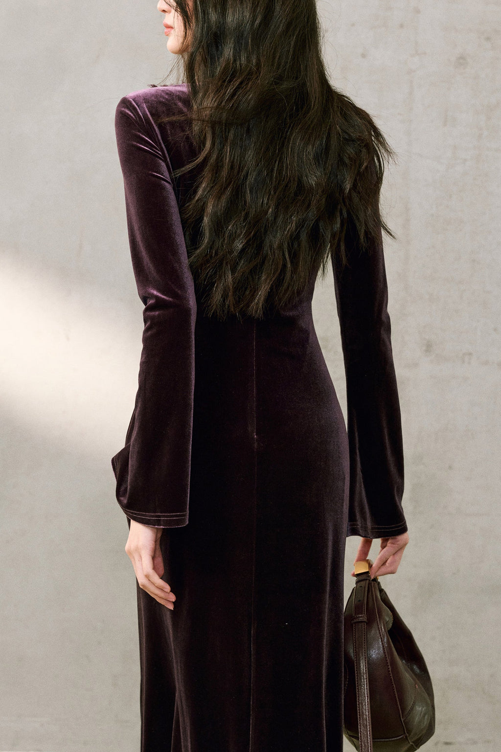 Purple Velvet Long Sleeve Lace V-Neck Maxi Dress