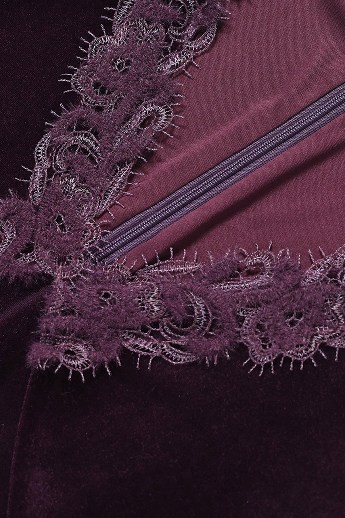 Purple Velvet Long Sleeve Lace V-Neck Maxi Dress