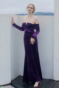 Purple Velvet Long Sleeve Off-Shoulder Evening Gown