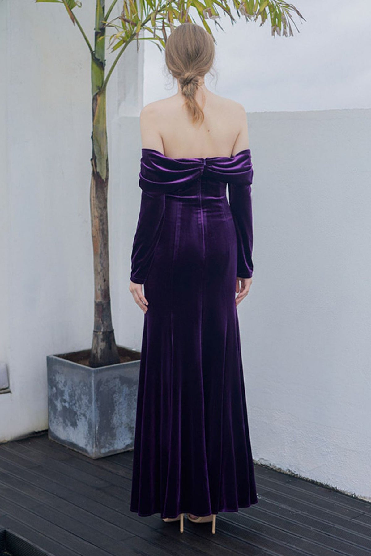 Purple Velvet Long Sleeve Off-Shoulder Evening Gown