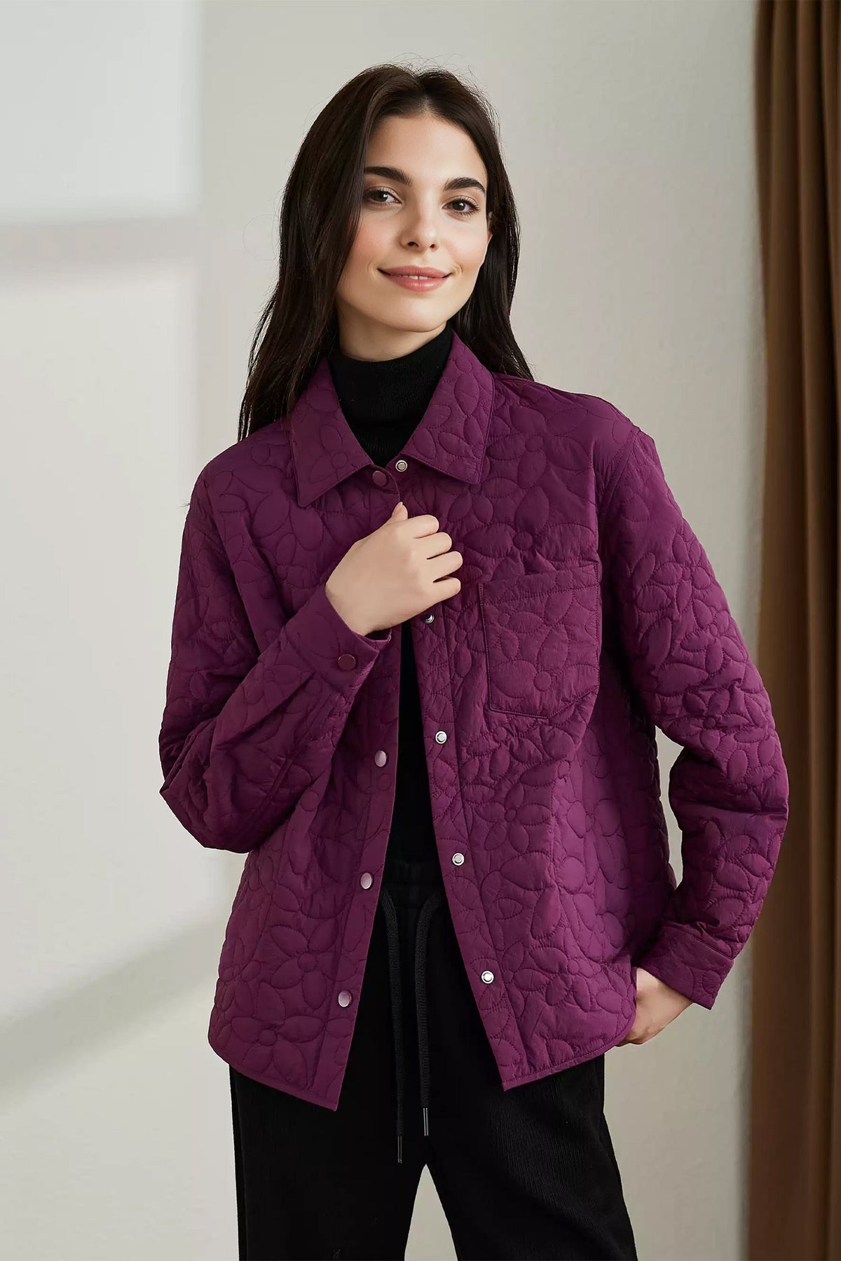 Quilted Japanese Lithermo Shirt Jacket in Purple