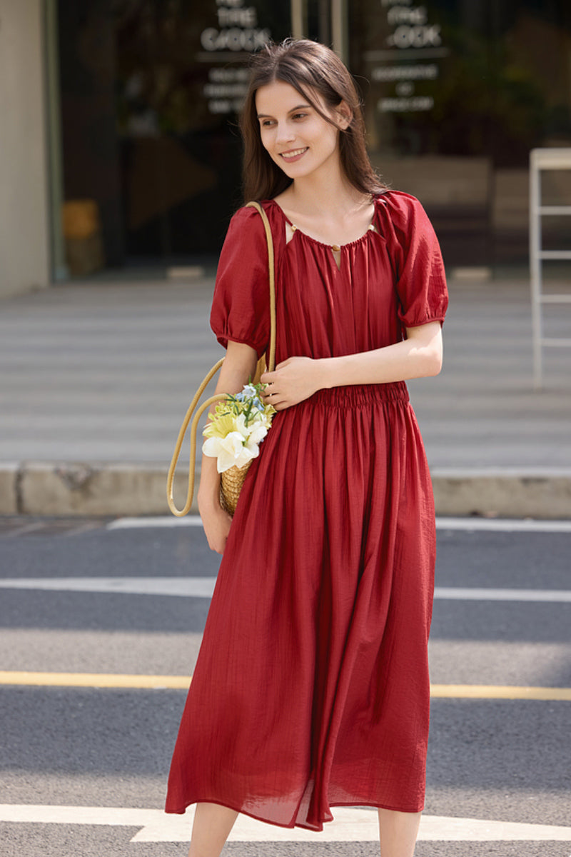 Red Beaded Puff-Sleeve A-Line Midi Dress