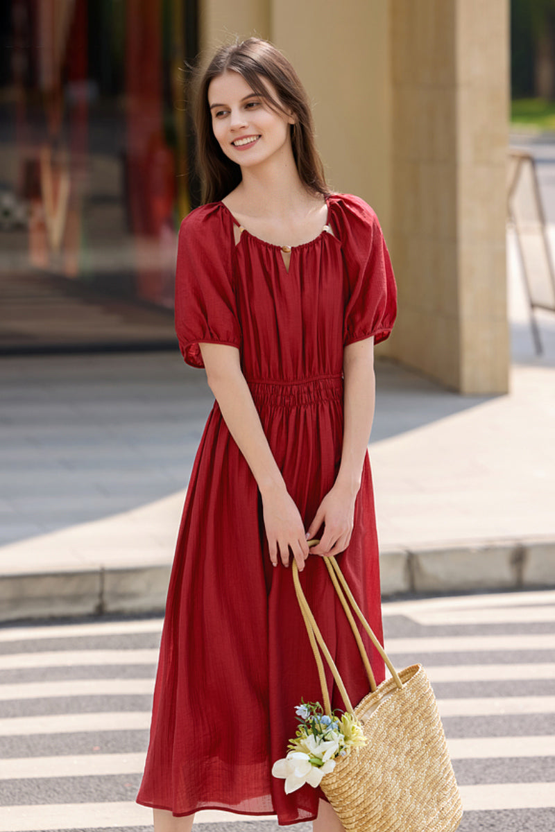 Red Beaded Puff-Sleeve A-Line Midi Dress