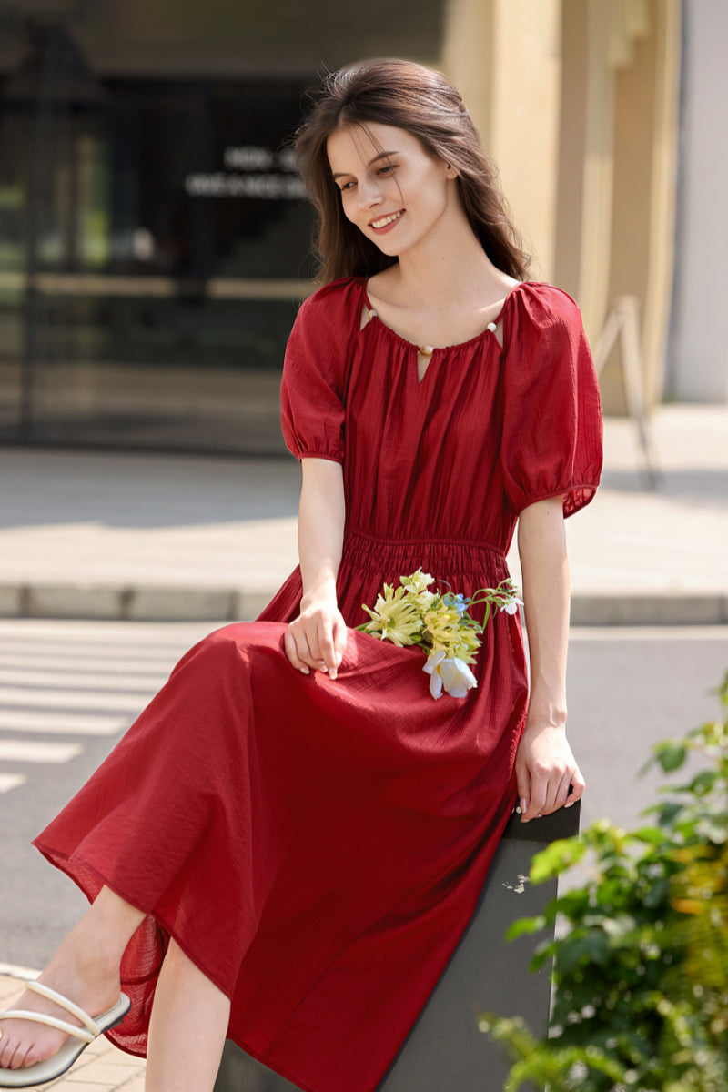 Red Beaded Puff-Sleeve A-Line Midi Dress