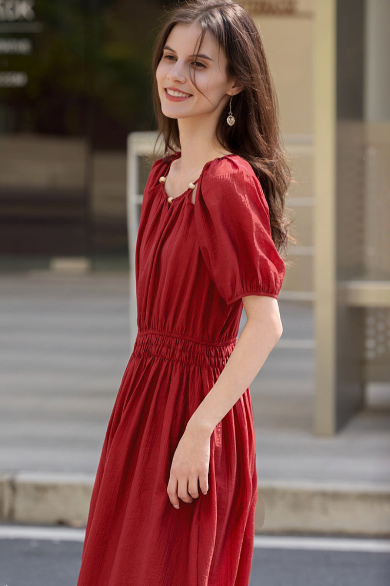 Red Beaded Puff-Sleeve A-Line Midi Dress