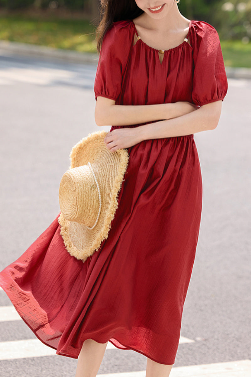 Red Beaded Puff-Sleeve A-Line Midi Dress