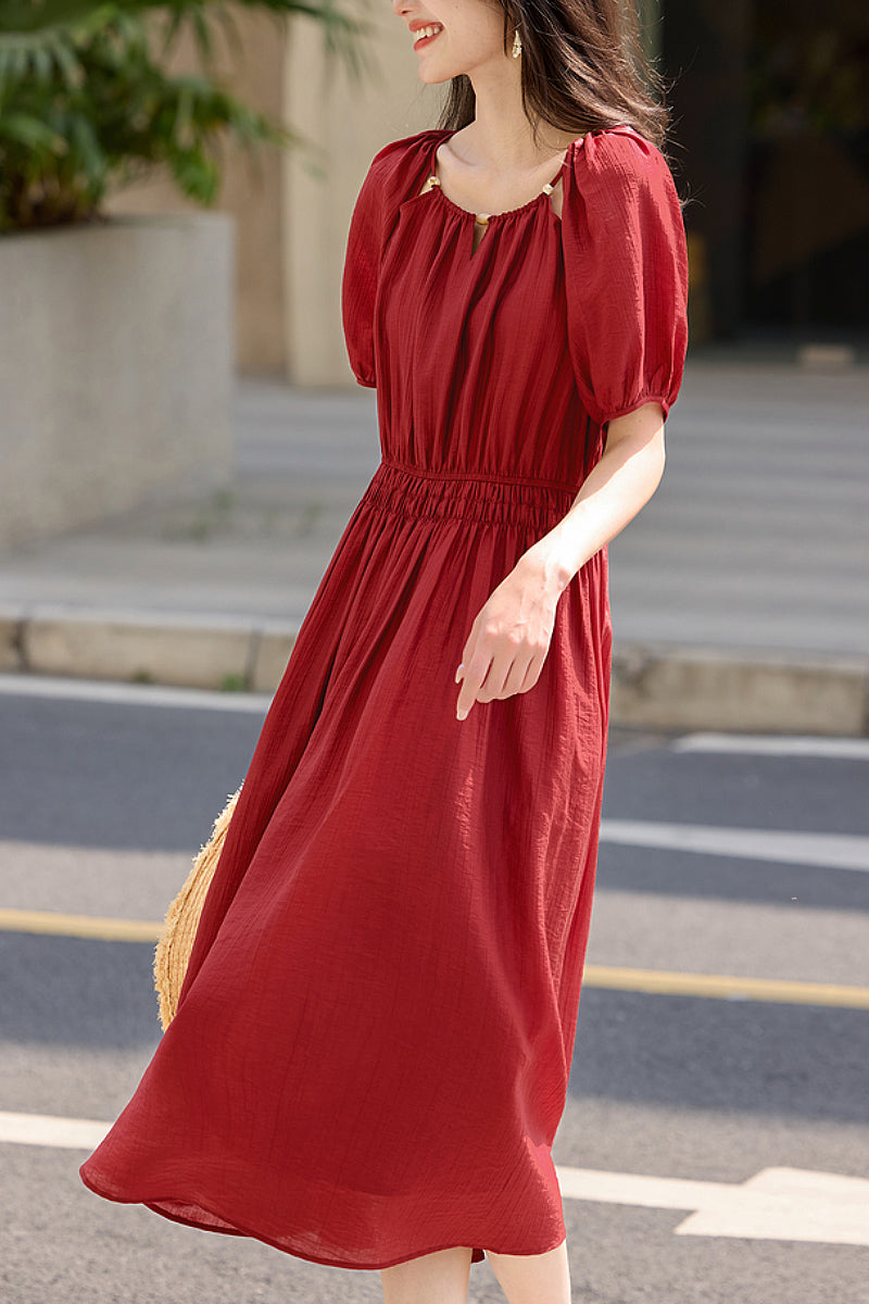 Red Beaded Puff-Sleeve A-Line Midi Dress