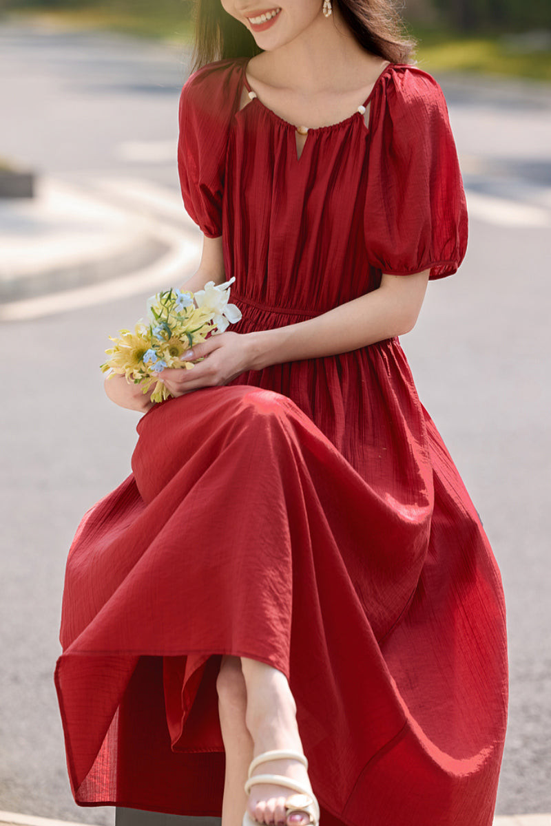 Red Beaded Puff-Sleeve A-Line Midi Dress