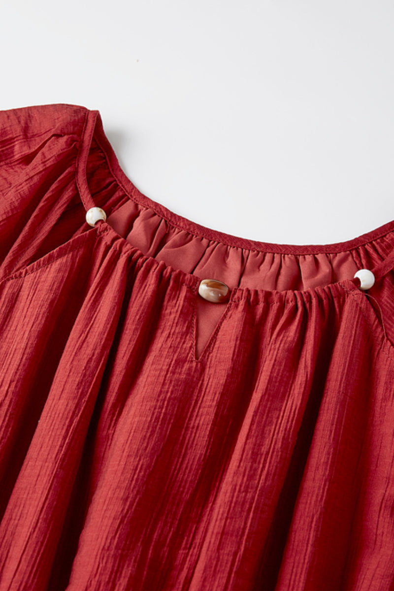 Red Beaded Puff-Sleeve A-Line Midi Dress