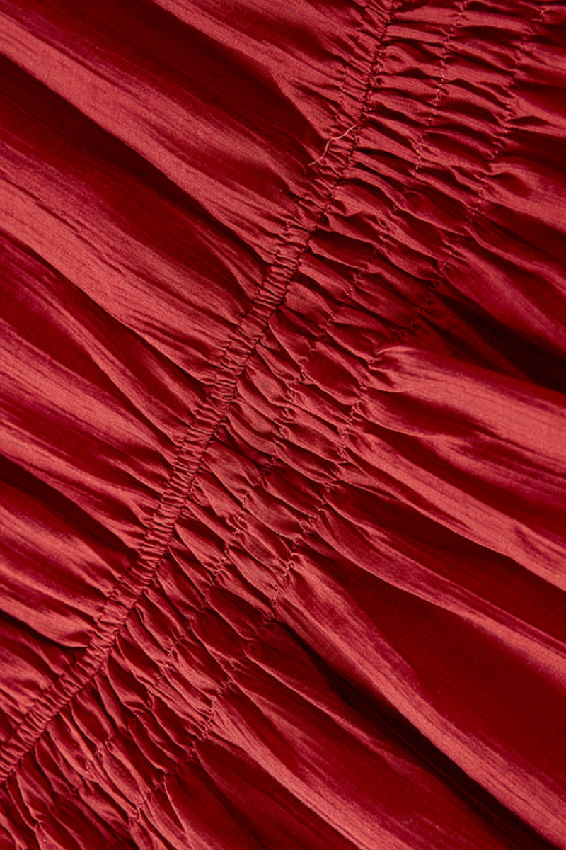 Red Beaded Puff-Sleeve A-Line Midi Dress