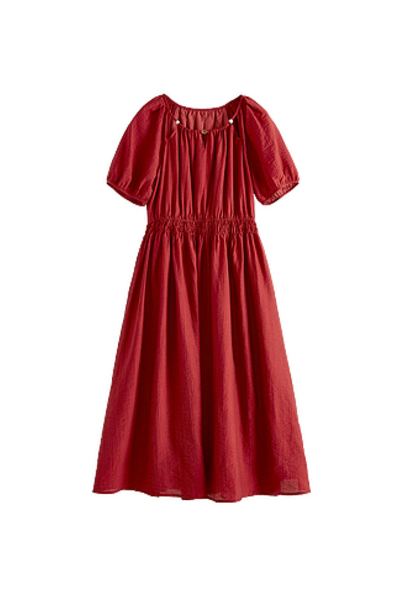 Red Beaded Puff-Sleeve A-Line Midi Dress