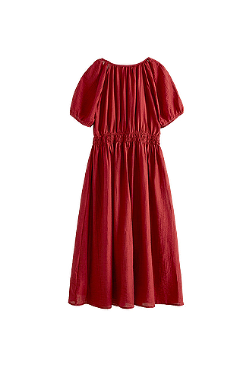 Red Beaded Puff-Sleeve A-Line Midi Dress