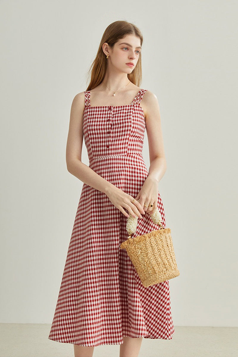 Red Gingham A-Line Midi Dress with Back Tie