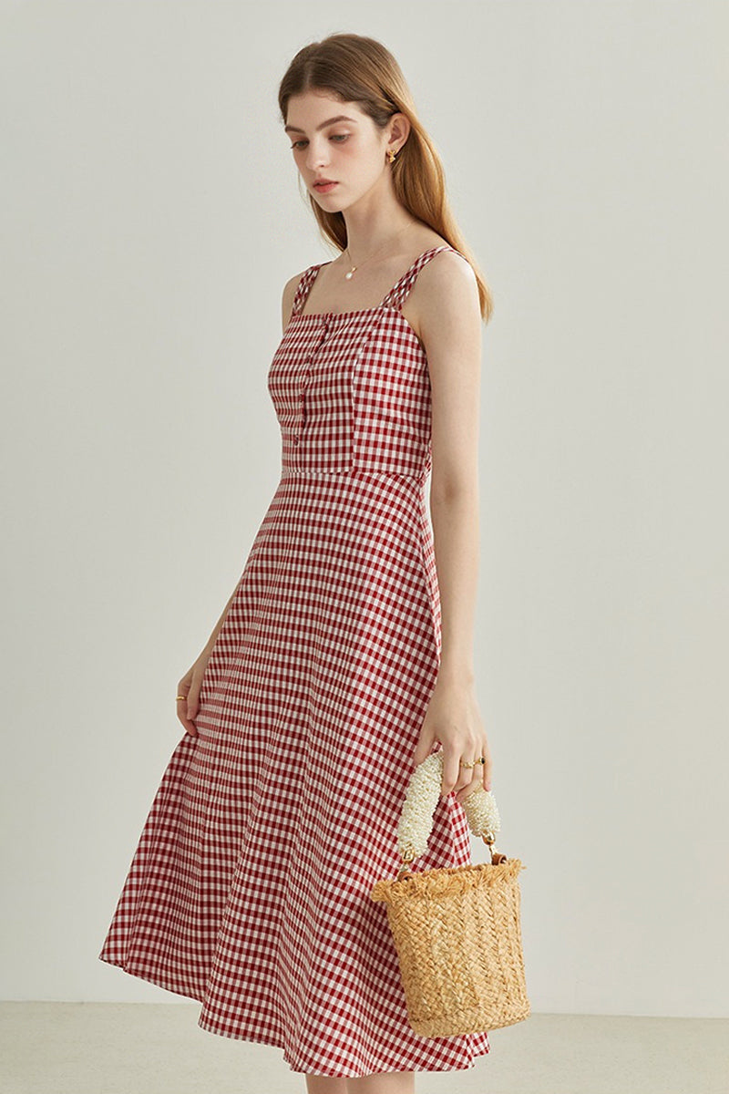Red Gingham A-Line Midi Dress with Back Tie
