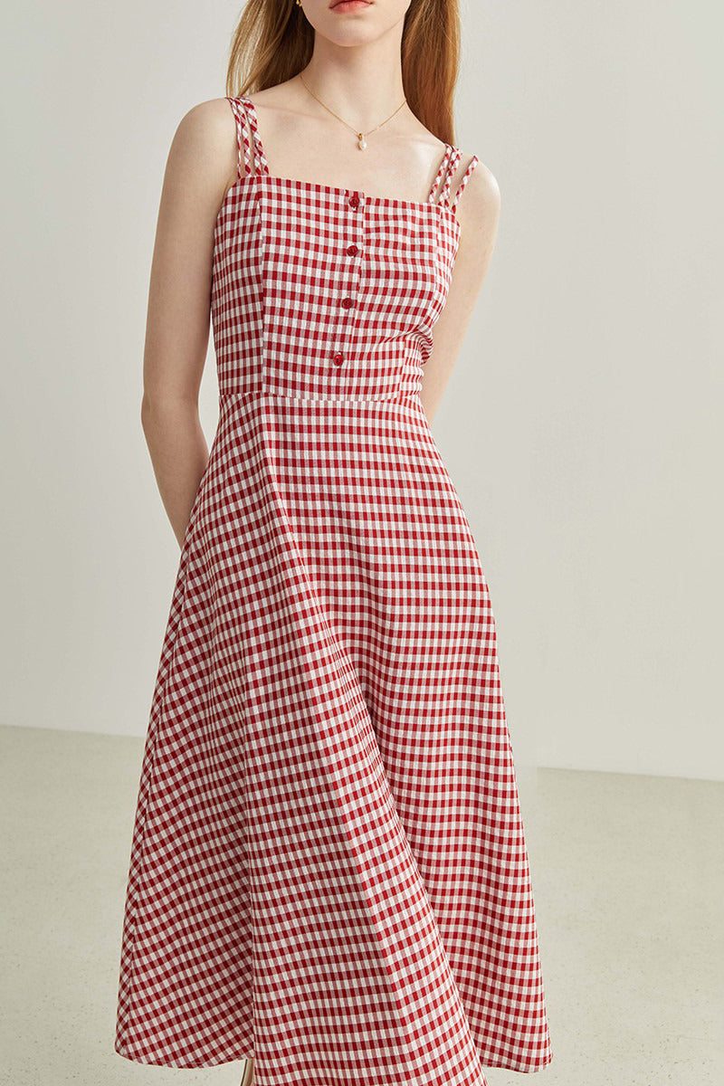 Red Gingham A-Line Midi Dress with Back Tie