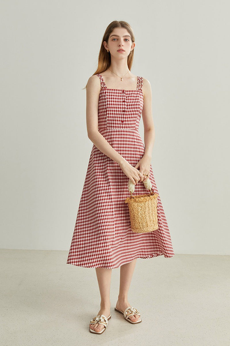 Red Gingham A-Line Midi Dress with Back Tie