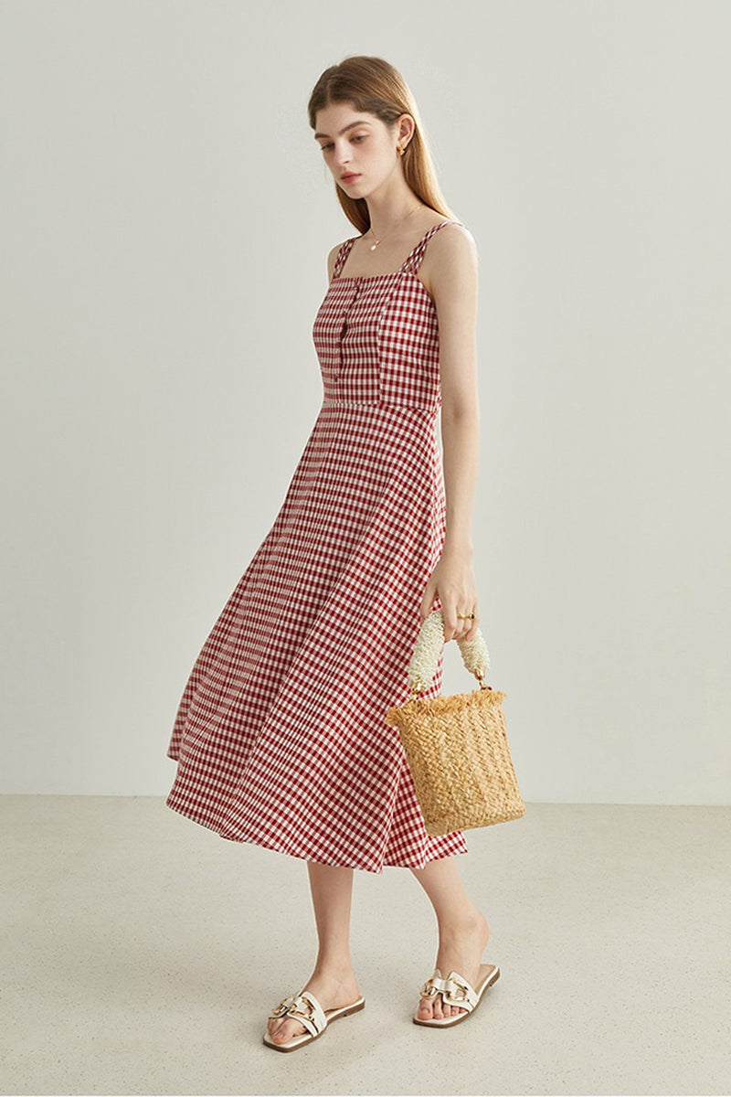 Red Gingham A-Line Midi Dress with Back Tie