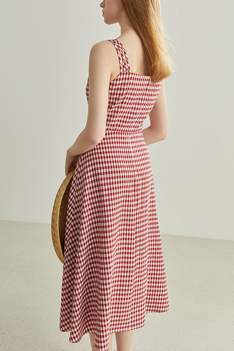 Red Gingham A-Line Midi Dress with Back Tie