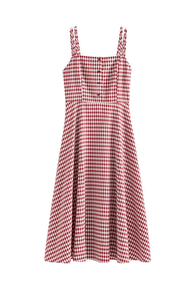 Red Gingham A-Line Midi Dress with Back Tie
