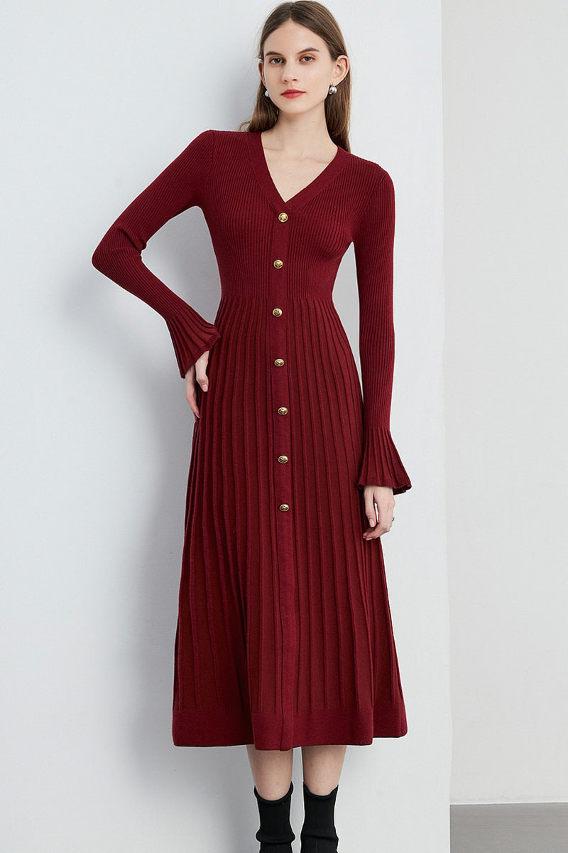 Red Long Sleeve Ribbed Midi Sweater Dress with Buttons