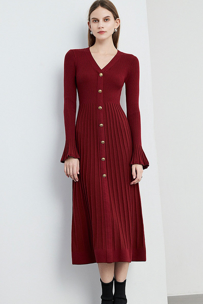 Red Long Sleeve Ribbed Midi Sweater Dress with Buttons