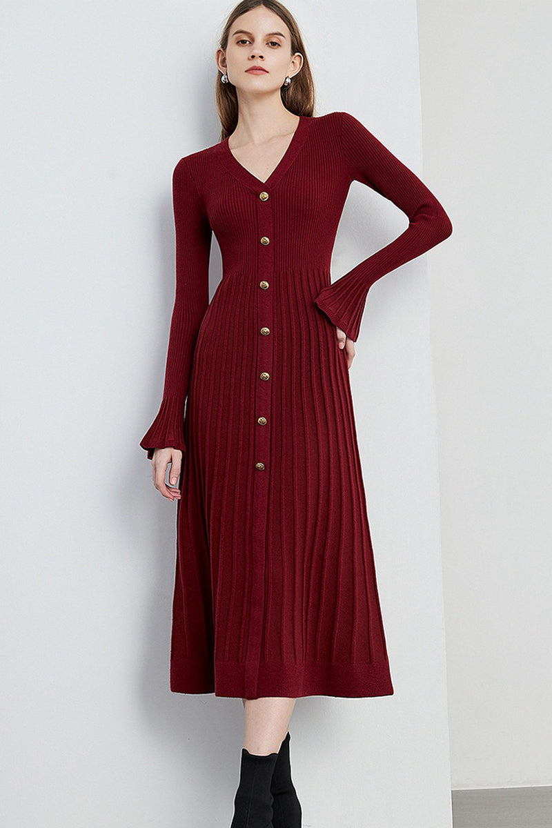 Red Long Sleeve Ribbed Midi Sweater Dress with Buttons