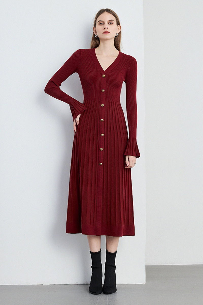 Red Long Sleeve Ribbed Midi Sweater Dress with Buttons