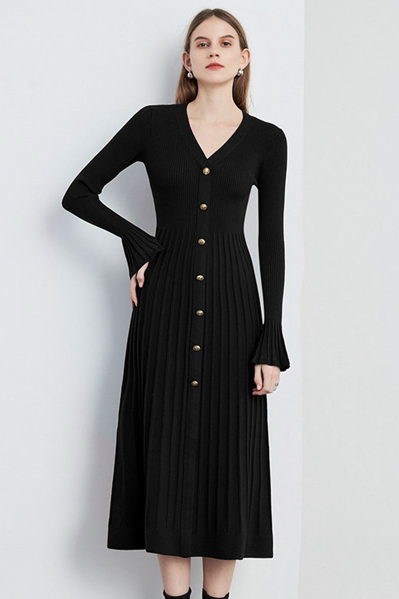 Red Long Sleeve Ribbed Midi Sweater Dress with Buttons