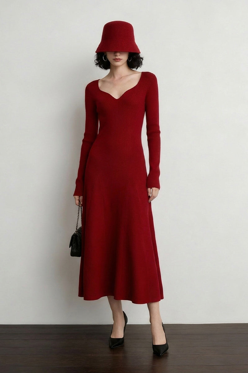 Red Long Sleeve Sweetheart Midi Sweater Dress